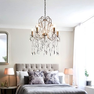 Ceiling Chandelier Antoinette Five Light, Aged Brass, Clear Glass Droplets