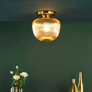 Compact Flush Ceiling Light Dar Abrielle Brushed Bronze, Amber Ribbed Glass