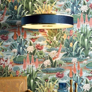 Contemporary Ceiling Pendant Light Dar Alvaro Six Lighting, Brushed Brass, Blue Shade