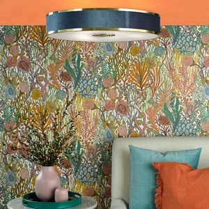 Flush Mounted Overhead Light Dar Alvaro Six Brushed Brass, Blue Shade