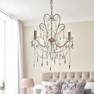 Ceiling Chandelier Antoinette Three Light, Aged Brass, Clear Glass Droplets
