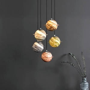 Cluster Hanging Pendant Lamp Dar Cygnus Five Light Chrome, Planet Style Glass