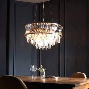 Ceiling Chandelier Lamp Crystal 9 Light Pendant Concave Glass, Bright Nickel